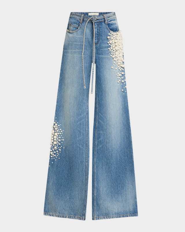 Kat Pearlescent Beaded Wide-Leg Jeans